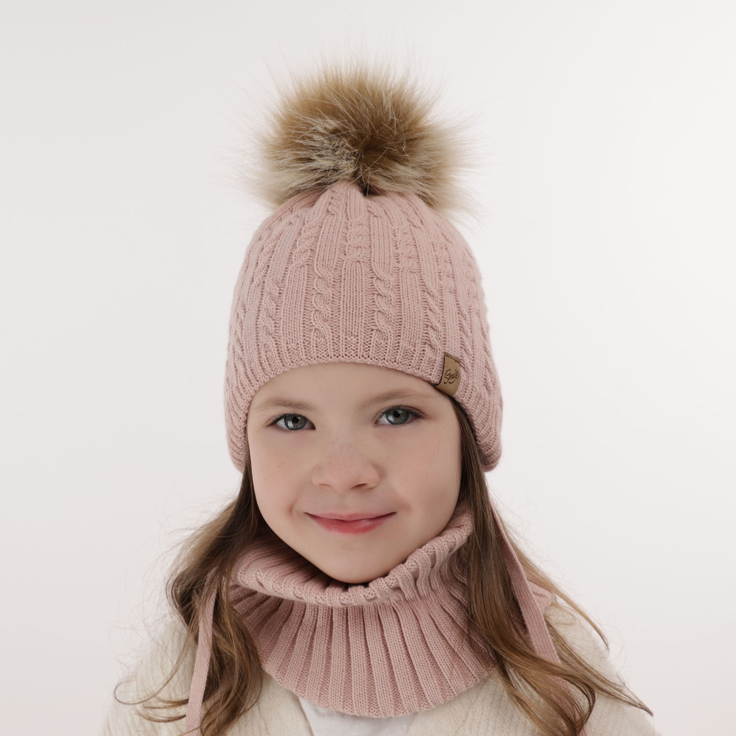 Flicka vinter set: mössa och halsduk, vit, med pompom, Loreley