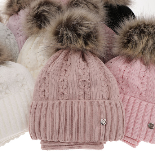 Flicka vinter set: mössa och tubhalsduk, rosa, med pompom, Felia