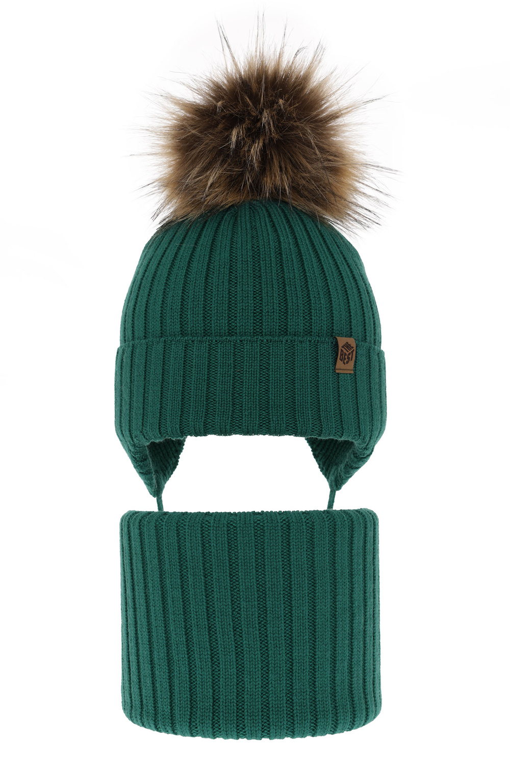 Pojke vinter set: mössa och halsduk, grön, med knytband, 100% Merino Ull, Juno