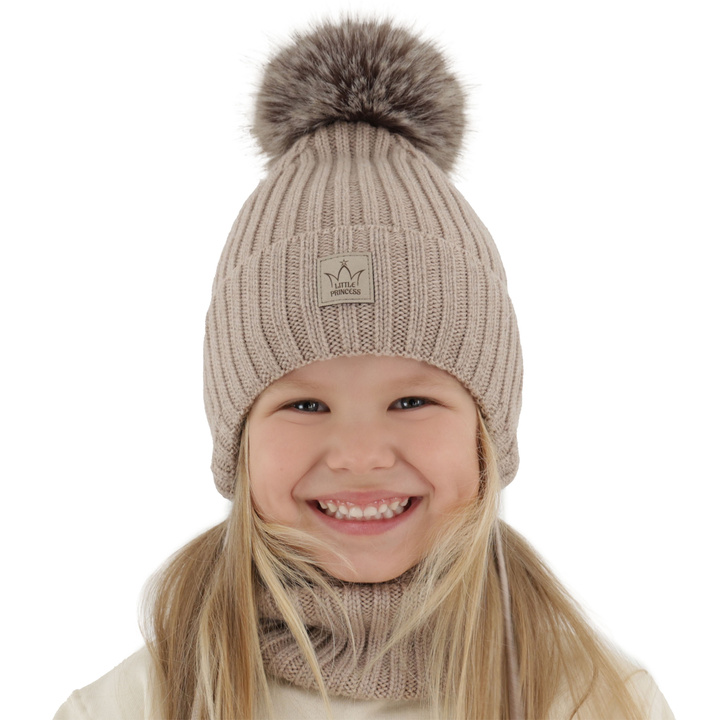 Flicka vinter set: mössa och tubhalsduk, beige, 100% Merino Ull, fodrad med ylle polar, Martina
