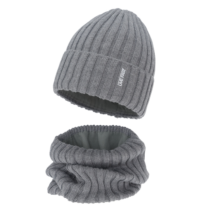 Pojke vinter set: mössa och tubhalsduk, beżowy, med merinull, fodrad med fleece, Banasko