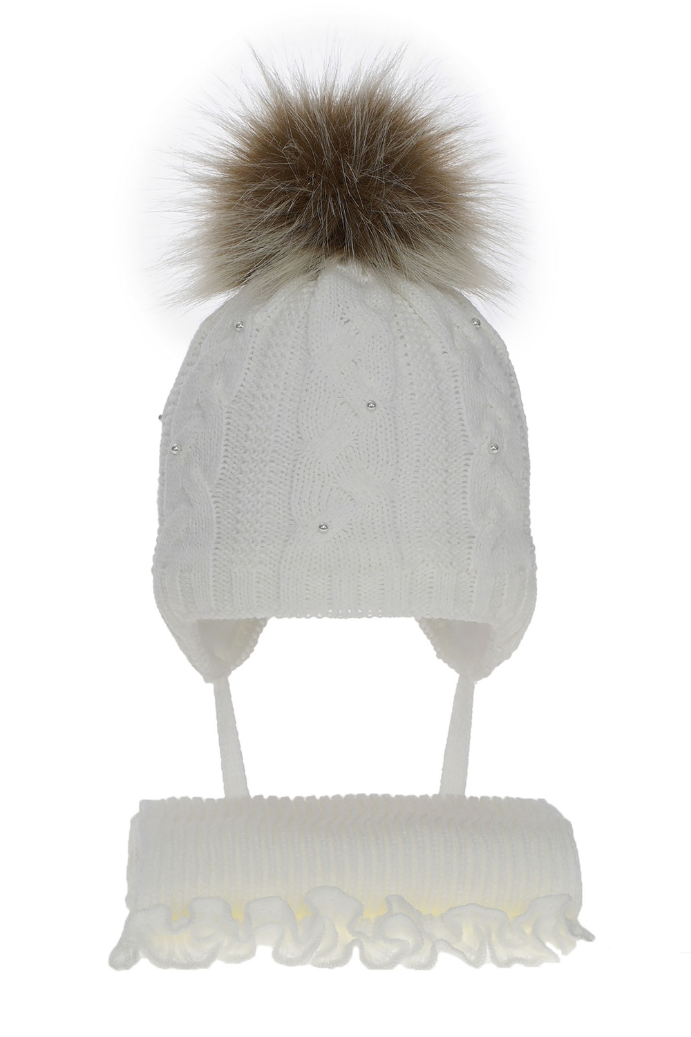 Flicka vinter set: mössa och halsduk, vit, med pompom, Mirella