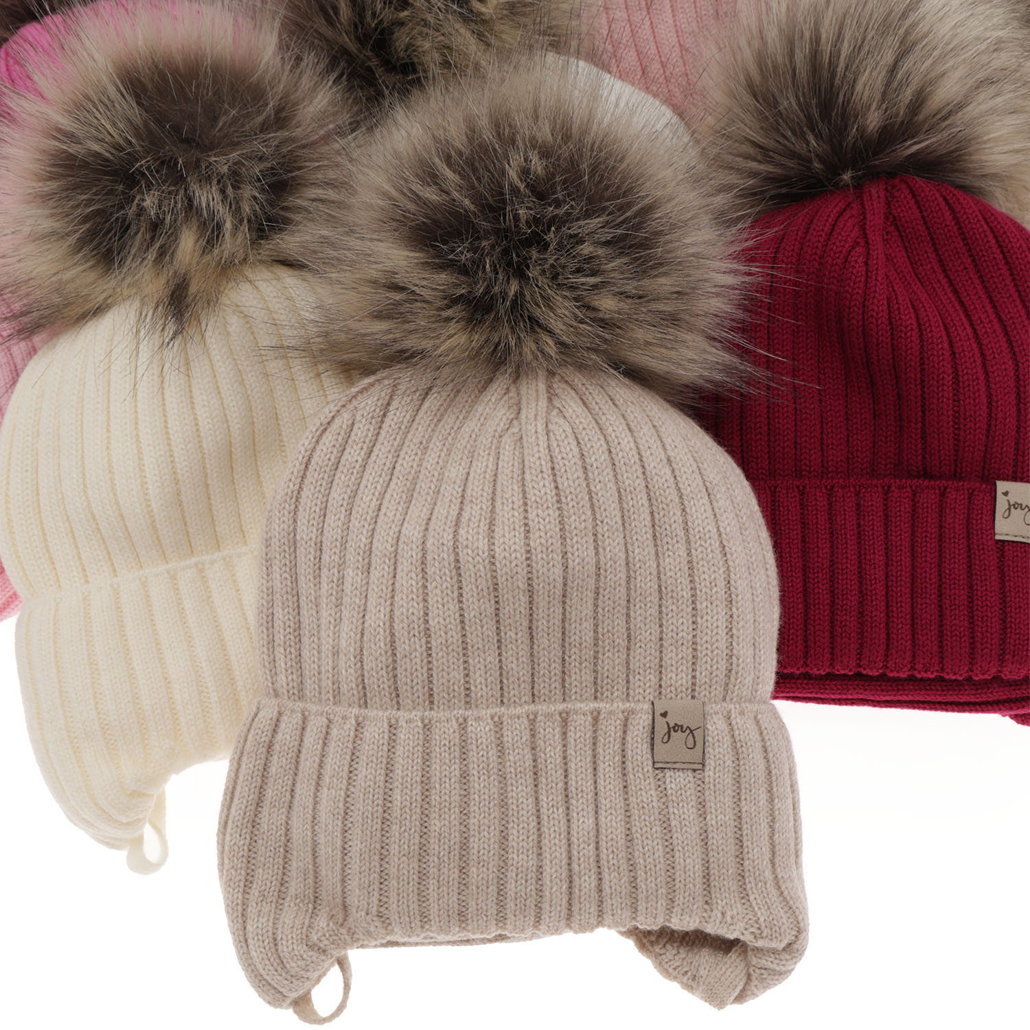 Flicka vinter set: mössa och tubhalsduk, ljusrosa, med knytband, 100% Merino Ull, med pompom, Junika