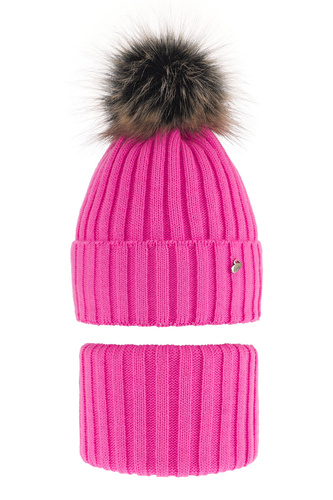 Flicka vinter set: mössa och halsduk, rosa, med pompom, Wilma
