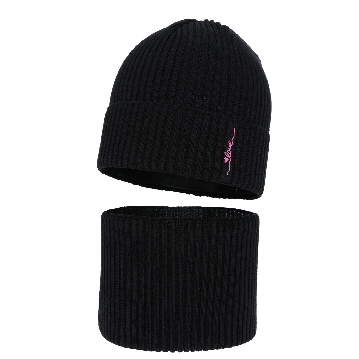 Flicka höst/vår set: mössa och tubhalsduk, svart, med bomull, Elvara