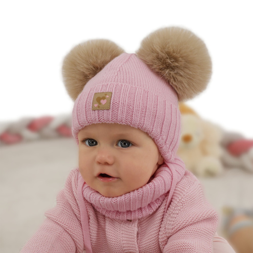 Flicka mössa och tubscarf, vinter set, beige, 100% merinull, fodrad med ullfleece, Ronia