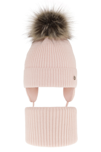 Flicka vinter set: mössa och halsduk, ljusrosa, med knytband, med pompom, Debra