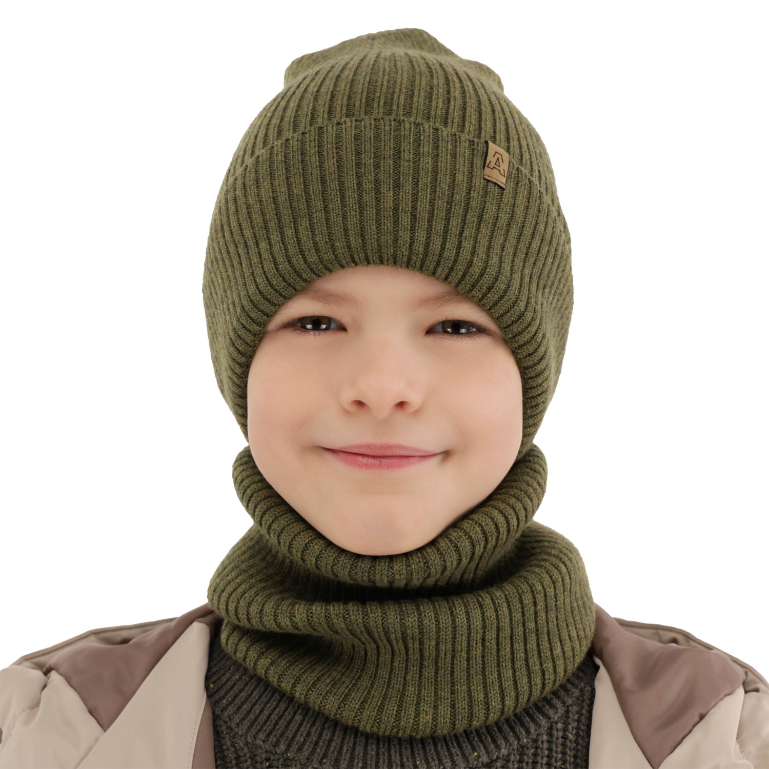 Pojke höst/vår set: mössa och halsduk, camel, 100% Merino Ull, Lemas