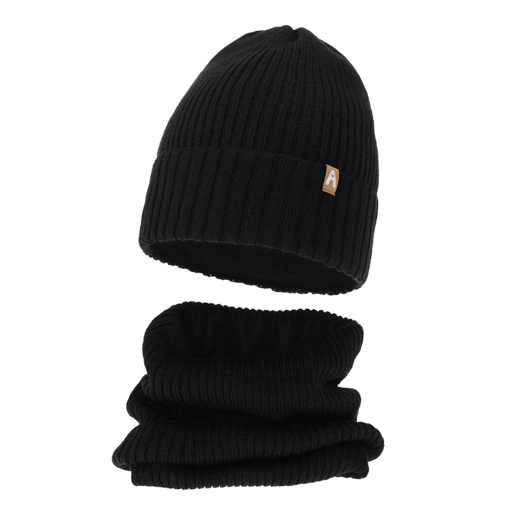 Flicka vinter set: mössa och tubhalsduk, svart, med merinull, fodrad med fleece, Peggy