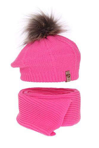 Flicka vinter set: beret och halsduk, rosa, med pompom, Elif