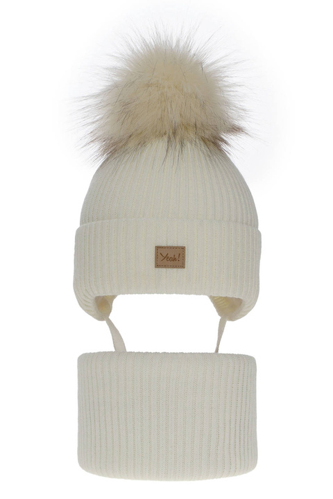 Flicka vinter set: mössa och halsduk, krem, med pompom, Dilajla