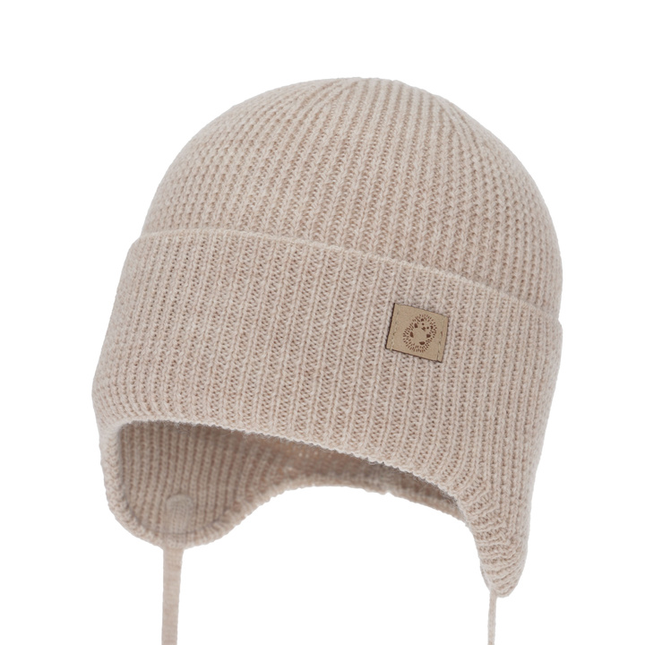 Pojke vinter/höst mössa, ljusbeige, 100% Merino Ull, med knytband, Bakadi