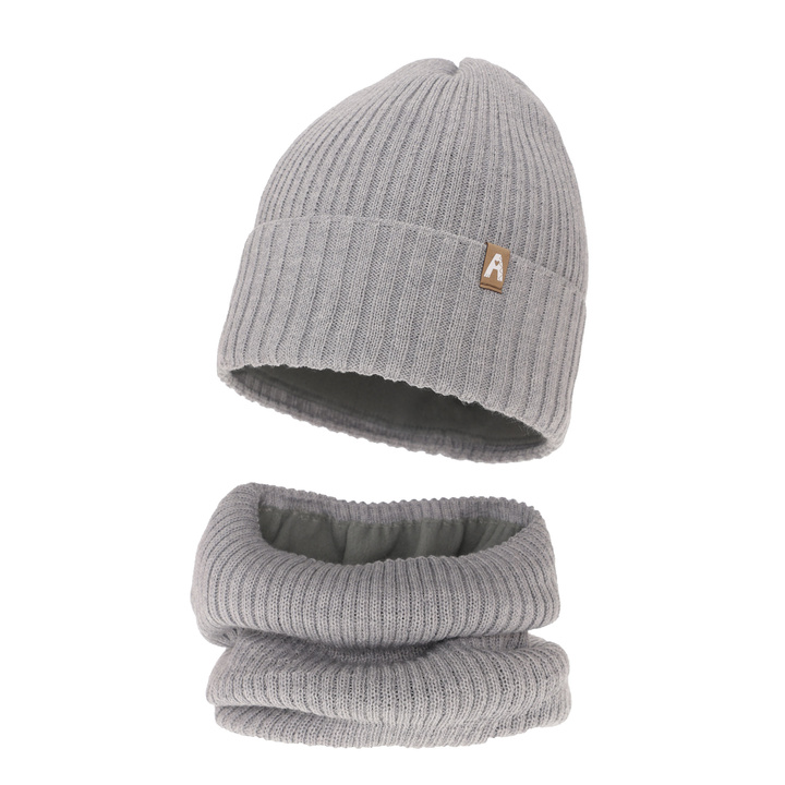 Flicka vinter set: mössa och tubhalsduk, grå, med merinull, fodrad med fleece, Peggy