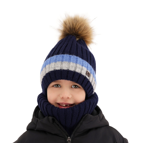 Pojke vinter set: mössa och tubhalsduk, brun, med pompom, fodrad med fleece, Beno