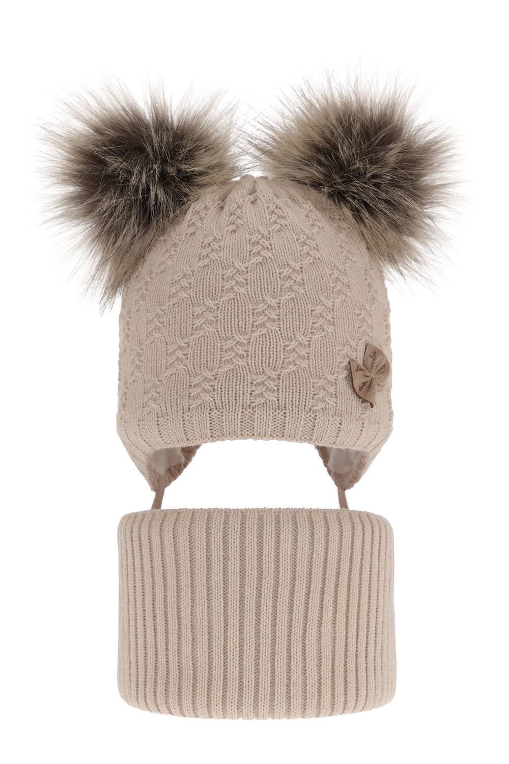 Flicka vinter set: mössa och tubhalsduk, beige, med två pompommar, knytband, Bettina