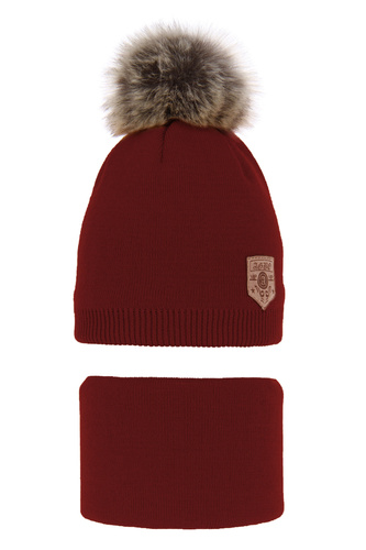 Pojke vinter set: mössa och tubhalsduk, bordeaux, med pompom, Apolin
