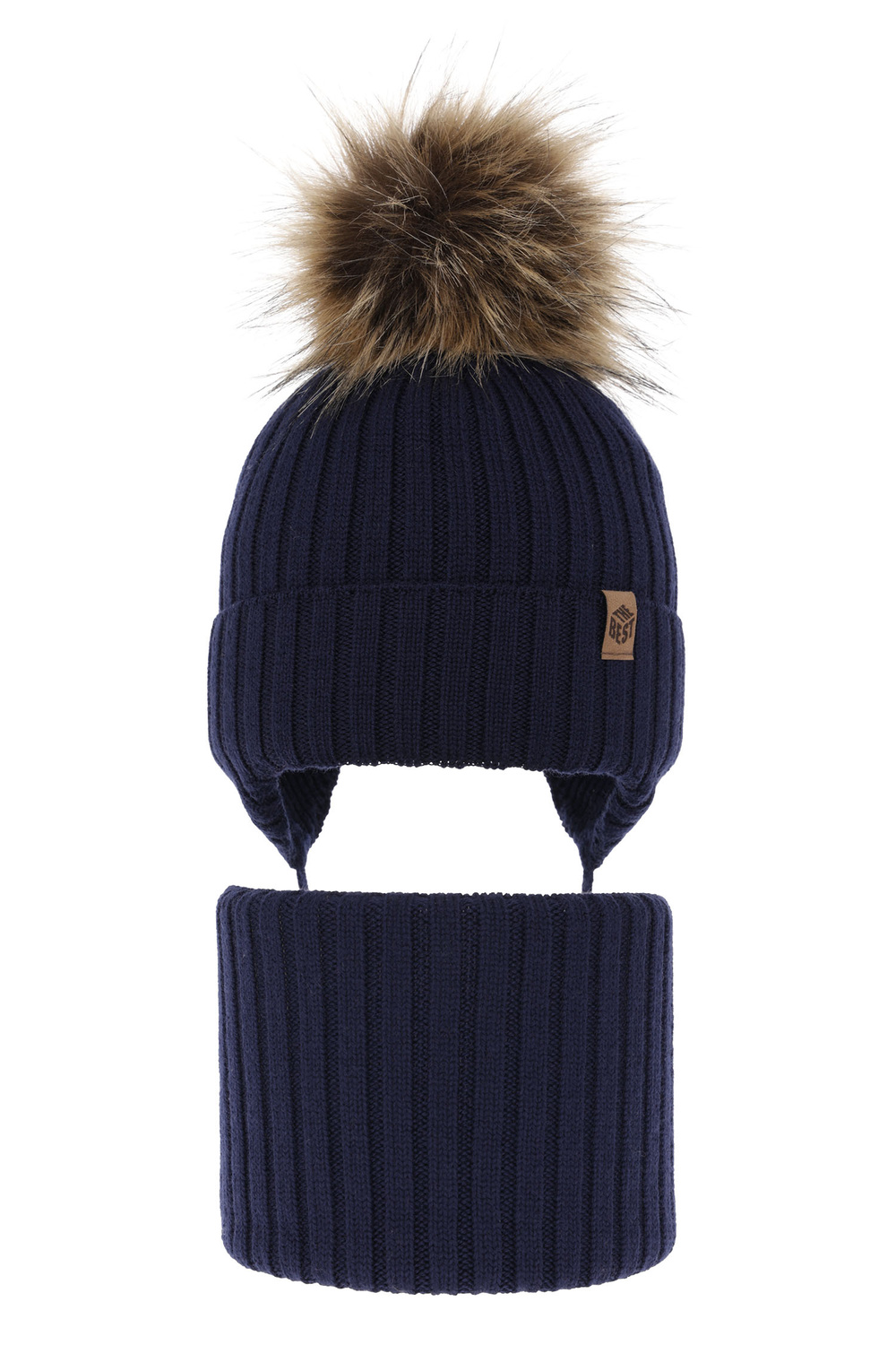 Pojke vinter set: mössa och halsduk, granatowy, med pompom, 100% Merino Ull, Juno
