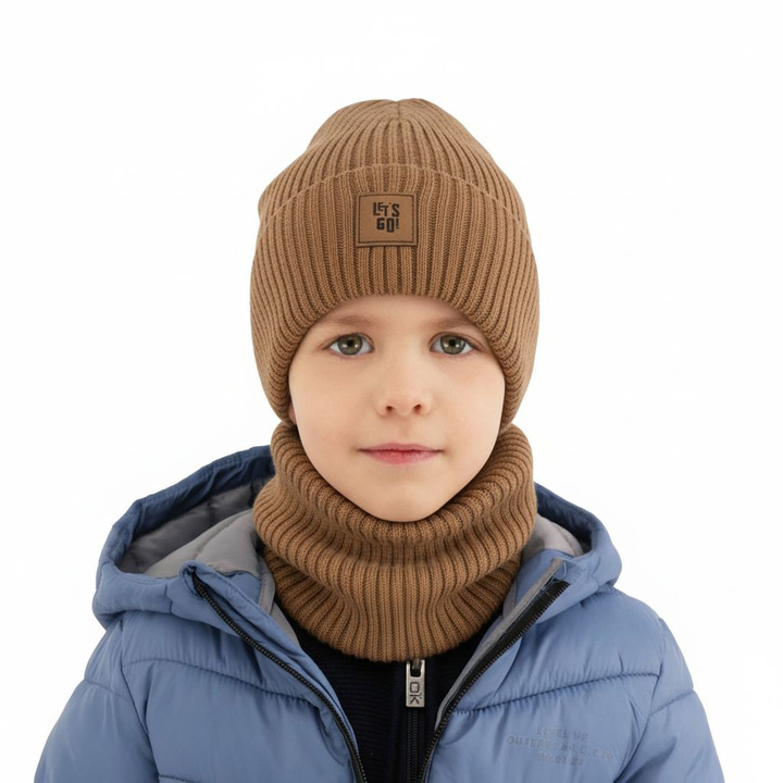 Pojke höst/vår set: mössa och halsduk, camel, 100% Merino Ull, Vanto