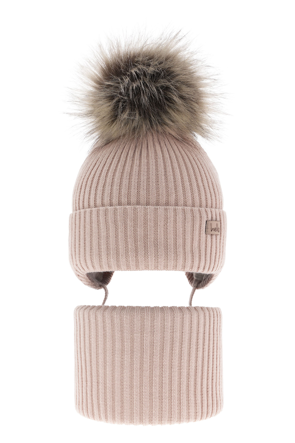 Flicka vinter set: mössa och tubhalsduk, beige, med knytband, Bria