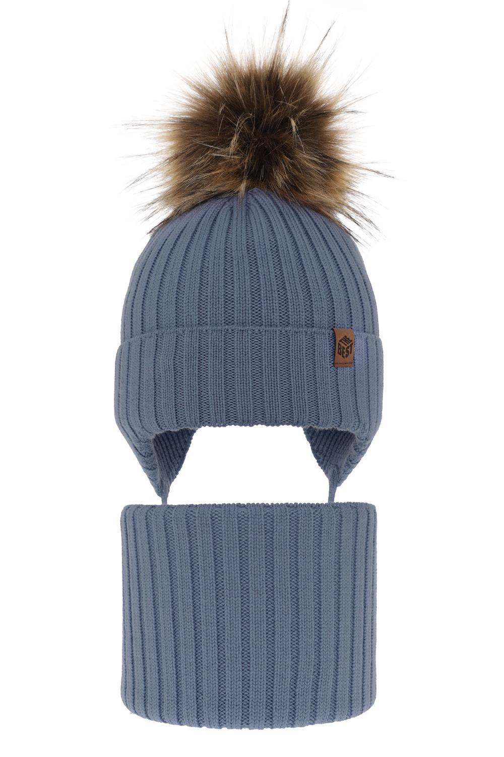 Pojke vinter set: mössa och tubhalsduk, ljusblå, med knytband, 100% Merino Ull, Juno