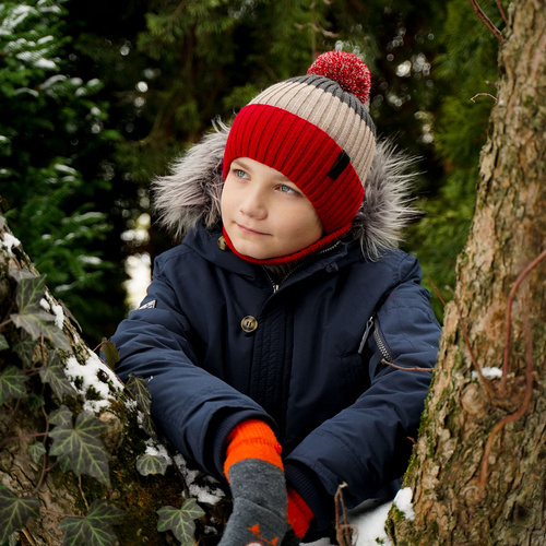 Pojke vinter set: mössa och halsduk, gråblå, med emblem, Karson