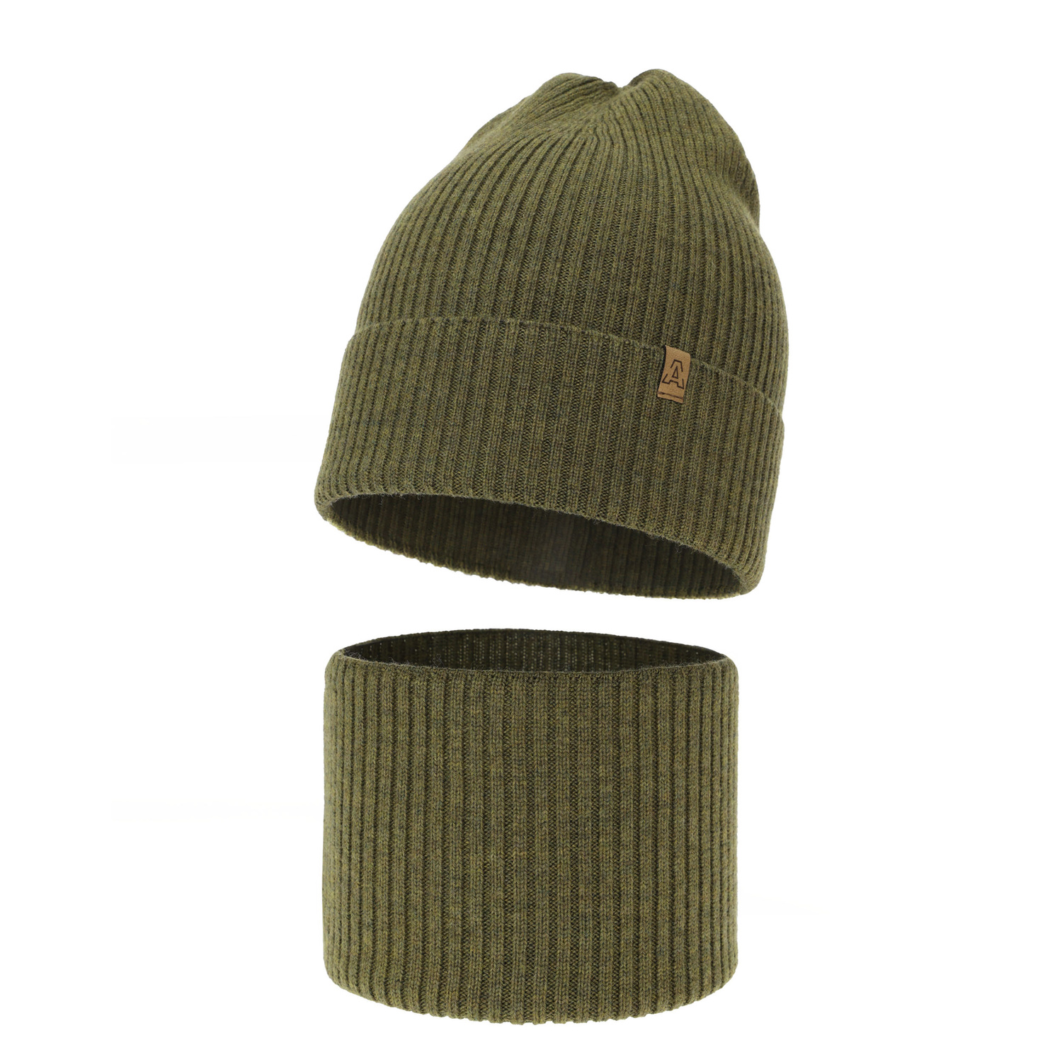 Pojke höst/vår set: mössa och tubhalsduk, khaki, 100% Merino Ull, Lemas