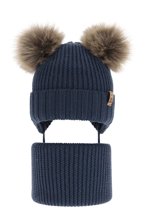 Pojke vinter set: mössa och tubhalsduk, marinblå, med knytband, 100% Merino Ull, Konor