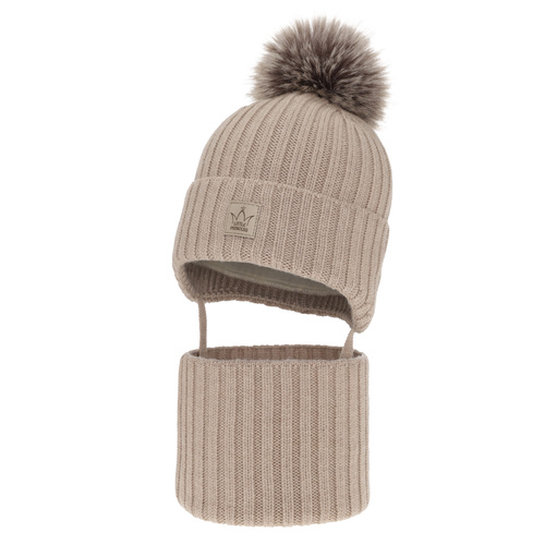 Flicka vinter set: mössa och tubhalsduk, beige, 100% Merino Ull, fodrad med ylle polar, Martina