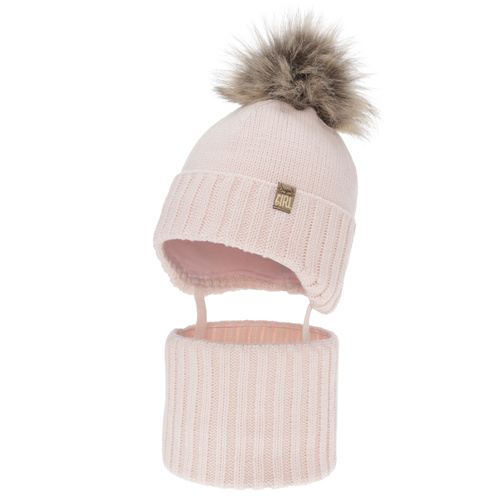 Flicka vinter set: mössa och tubhalsduk, rosa, med pompom, Primula