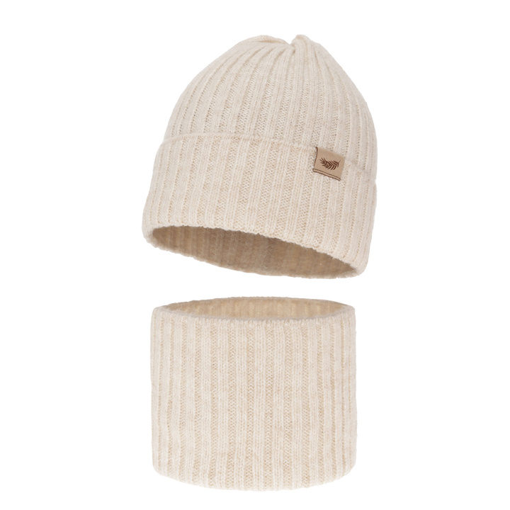 Flicka vinter set: mössa och halsduk, ljusbeige, med merinull, Karmina