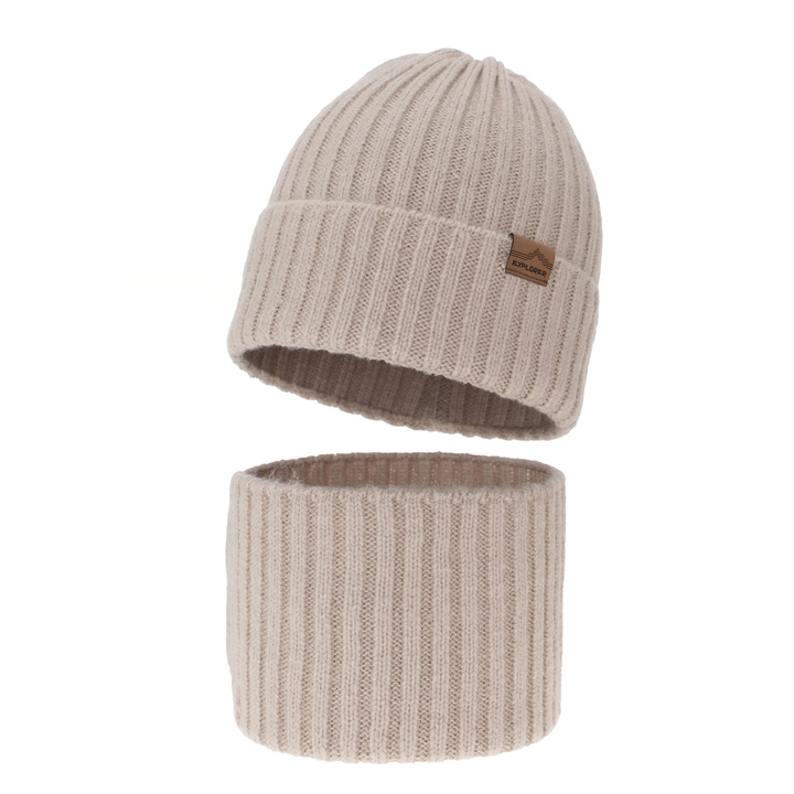Pojke vinter set: mössa och halsduk, ljusbeige, med merinull, Karmin