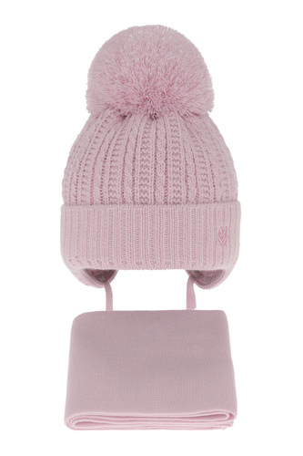 Flicka vinter set: mössa och halsduk, lila, med knytband, med pompom, Marisa