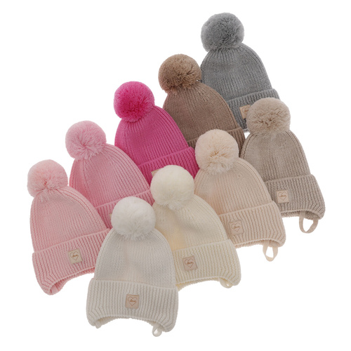 Flicka vintermössa, rosa, 100% Merino Ull, fodrad med fleece, med pompom, Hakkari