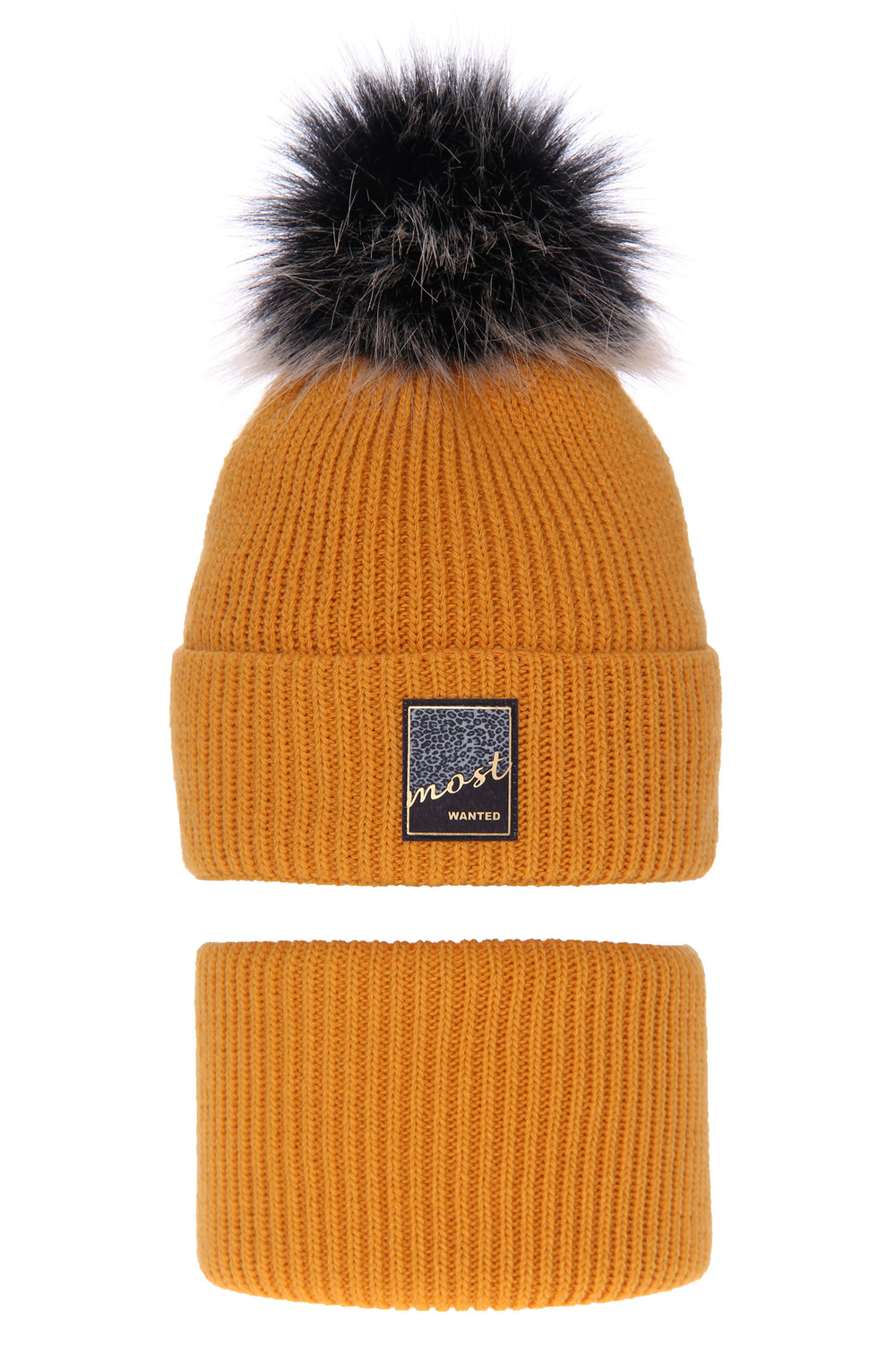 Flicka vinter set: mössa och tubhalsduk, miodowy, med pompom, Sycylia