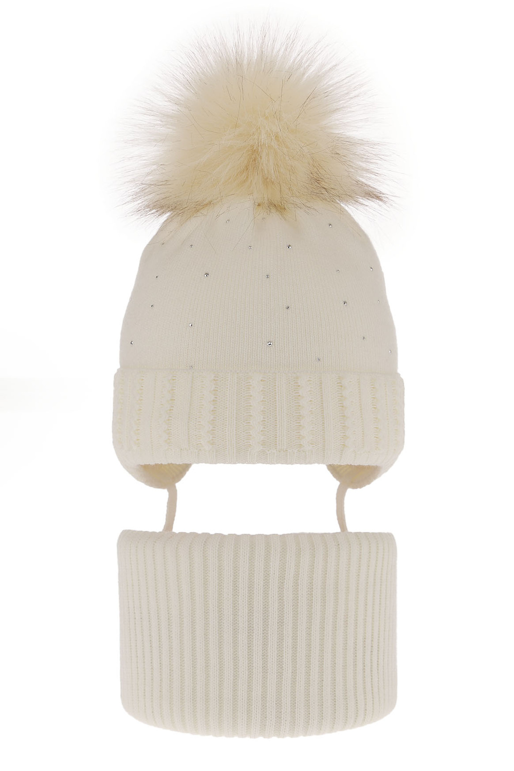 Flicka vinter set: mössa och tubhalsduk, creme, med pompom, Renia