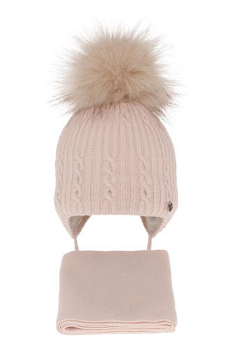 Flicka vinter set: mössa och halsduk, beige, med pompom, Amana