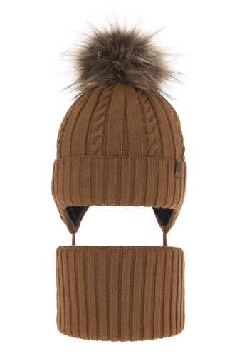 Pojke vinter set: mössa och tubhalsduk, camel, med pompom, Peter