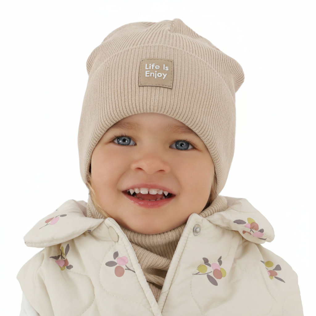 Flicka höst/vår set: mössa och tubhalsduk, beige, med bomull, Zola