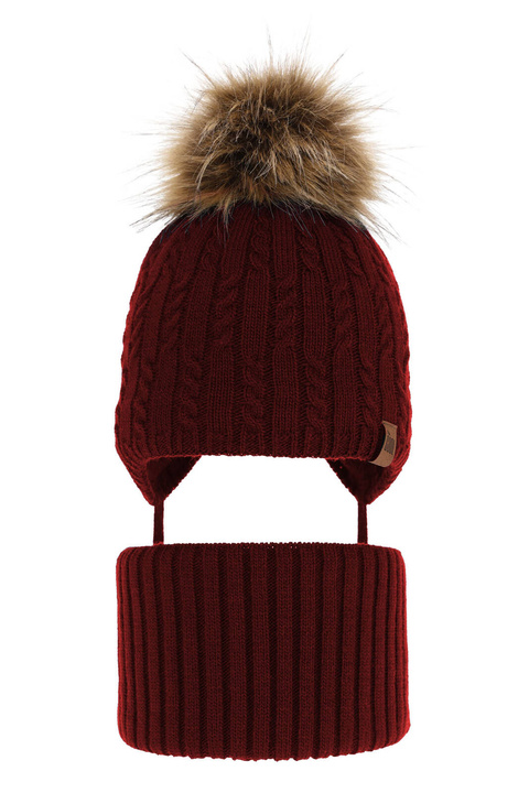Pojke vinter set: mössa och tubhalsduk, bordeaux, med pompom, med knytband, Indigo