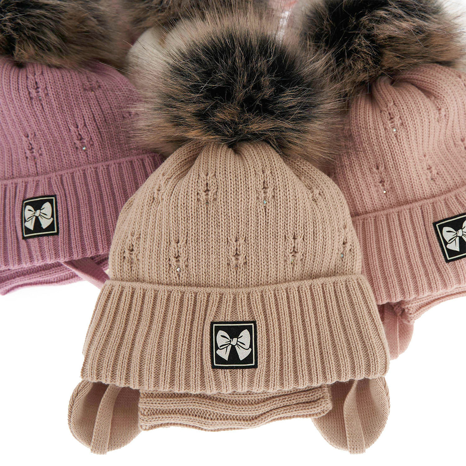 Flicka vinter set: mössa och halsduk, rosa, med pompom, Kinia