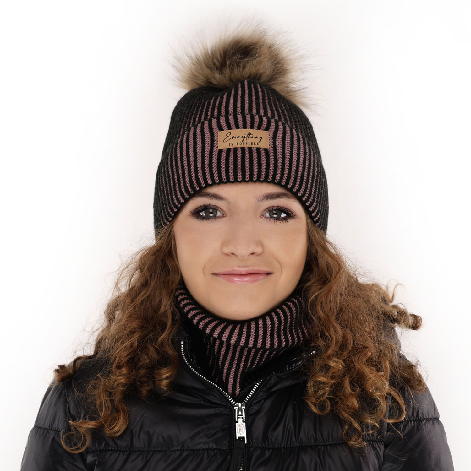Flicka vinter set: mössa och tubhalsduk, rosa, med pompom, Floryda