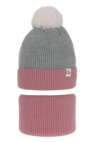 Flicka vinter set: mössa och tubhalsduk, rosa, med pompom, Rosalin