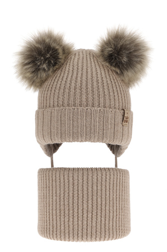 Pojke vinter set: mössa och tubhalsduk, beige, med knytband, 100% Merino Ull, Konor