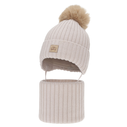 Flicka vinter set: mössa och tubhalsduk, beige, 100% Merino Ull, med knytband, fodrad med bomull, Malesia