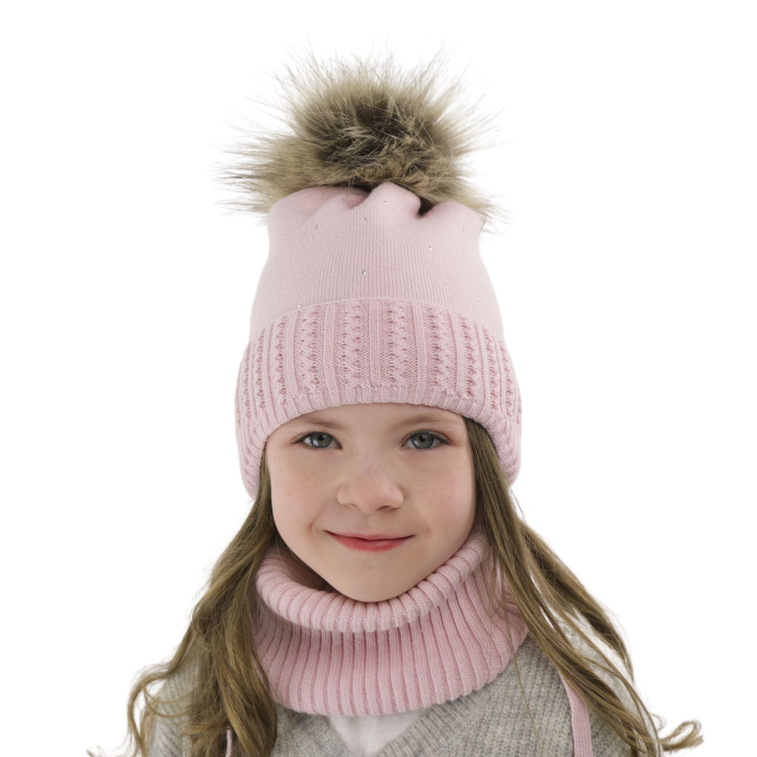 Flicka vinter set: mössa och halsduk, lila, med pompom, Renia