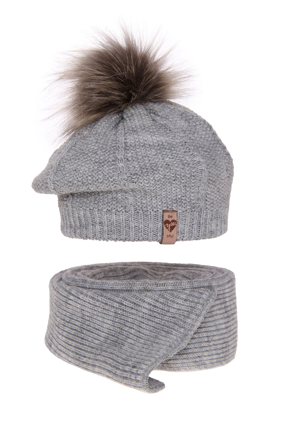Flicka vinter set: mössa och halsduk, grå, med pompom, Elif