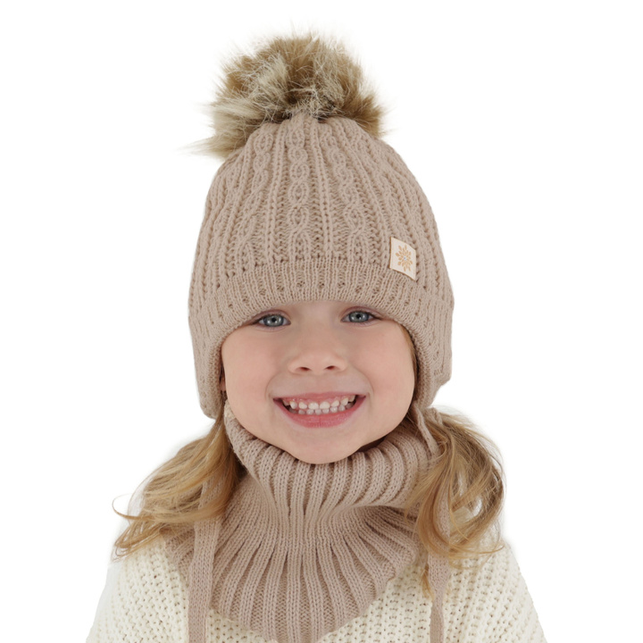Flicka vinter set: mössa och tubhalsduk, beige, med pompom, Passa