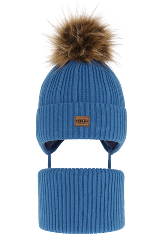 Pojke vinter set: mössa och halsduk, blå, med pompom, Eger