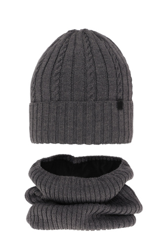 Pojke vinter set: mössa och tubhalsduk, grå, med merinull, fodrad med fleece, Kairo