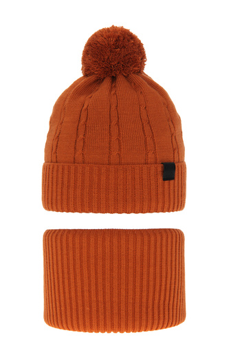 Pojke vinter set: mössa och halsduk, orange, med pompom, Deny